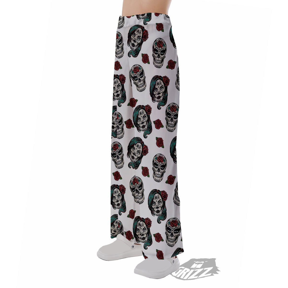 Sugar Skull White Floral Print Pattern Pajama Pants-grizzshop