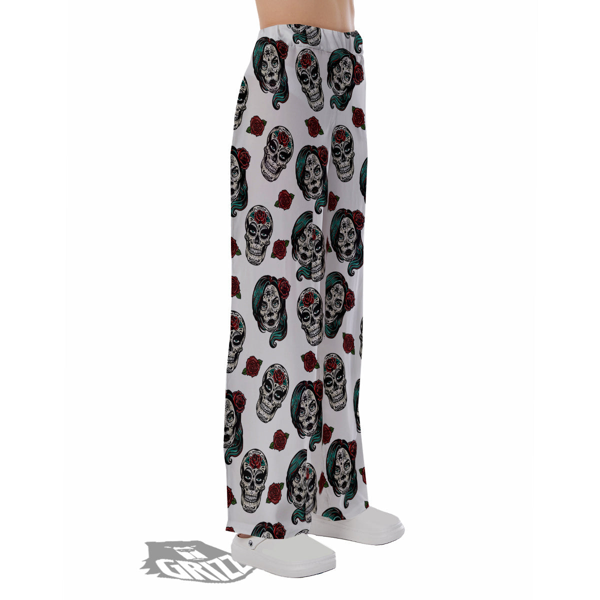 Sugar Skull White Floral Print Pattern Pajama Pants-grizzshop