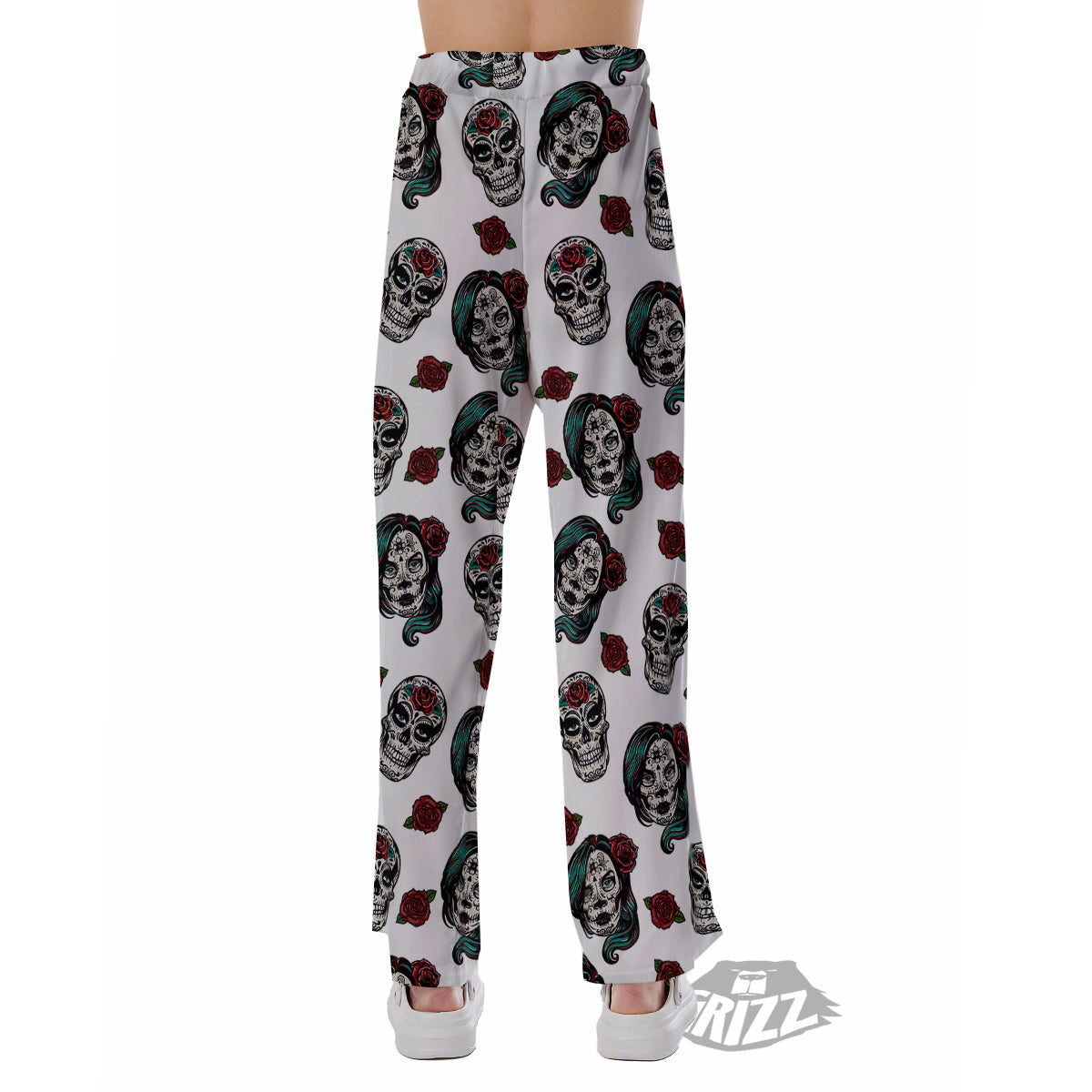 Sugar Skull White Floral Print Pattern Pajama Pants-grizzshop