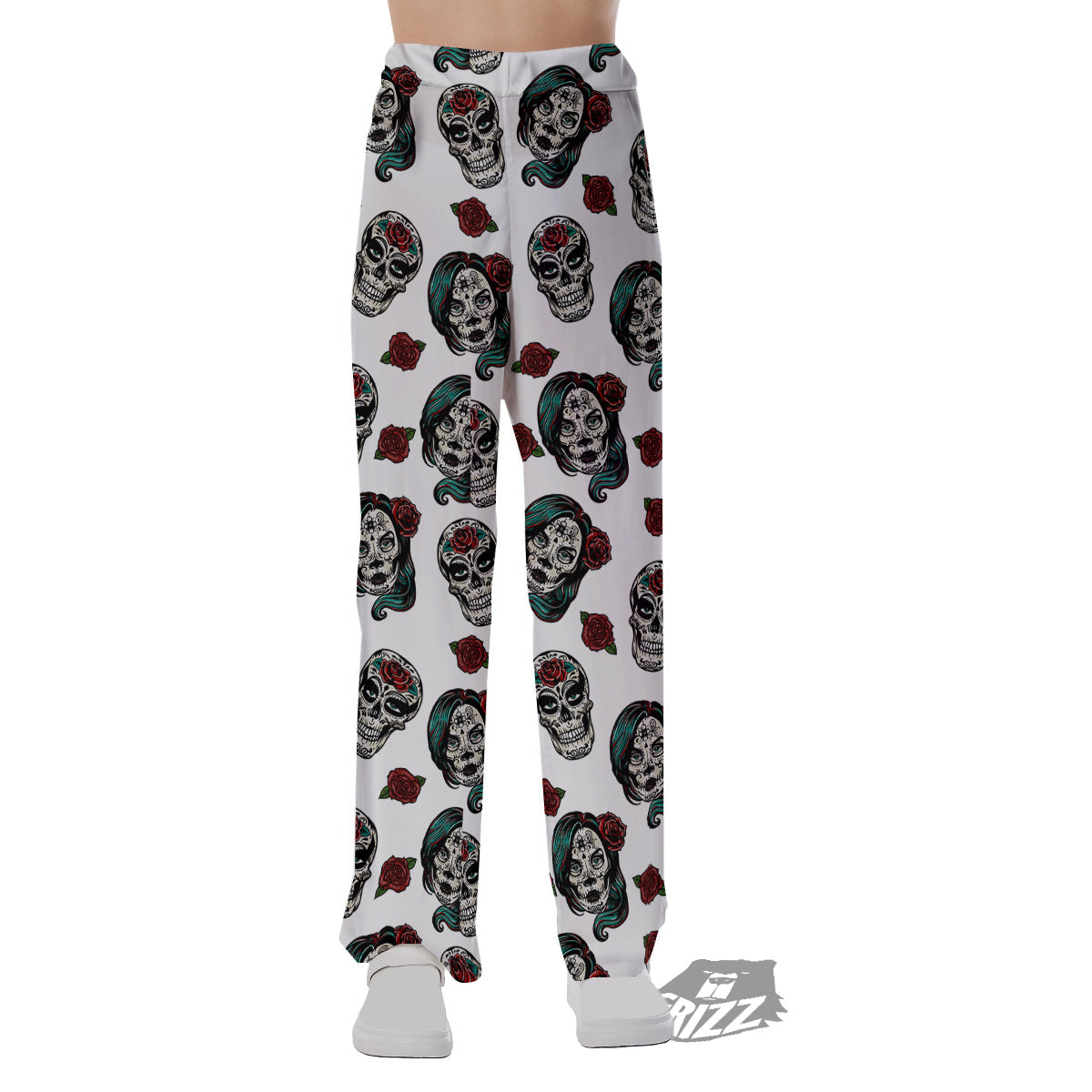 Sugar Skull White Floral Print Pattern Pajama Pants-grizzshop