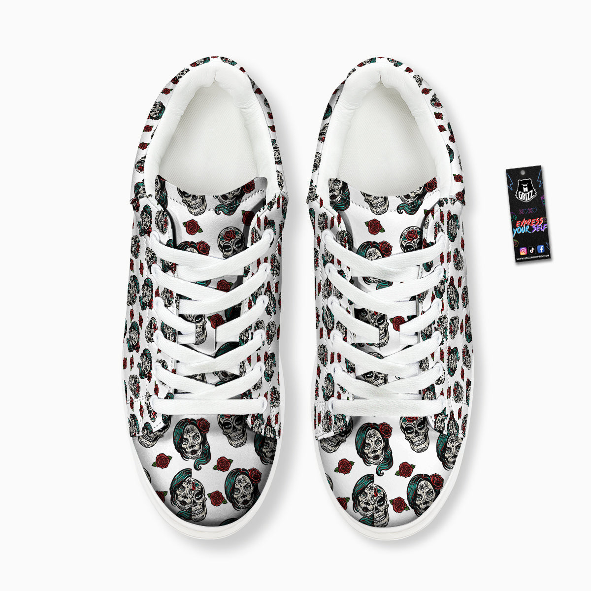 Sugar Skull White Floral Print Pattern Platform Shoes-grizzshop