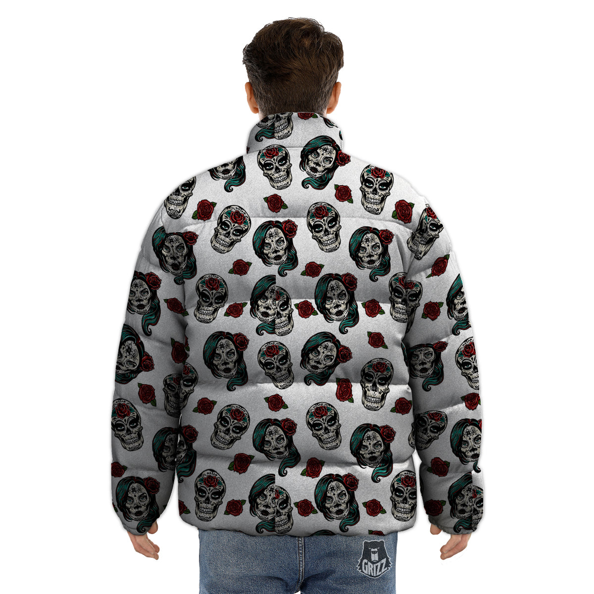 Sugar Skull White Floral Print Pattern Puffer Jacket-grizzshop