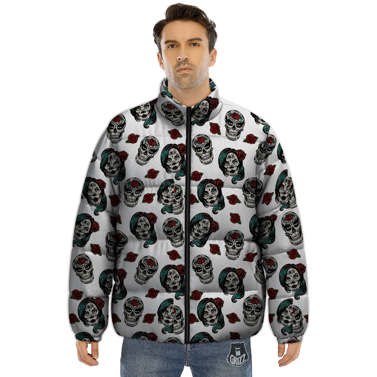 Sugar Skull White Floral Print Pattern Puffer Jacket-grizzshop