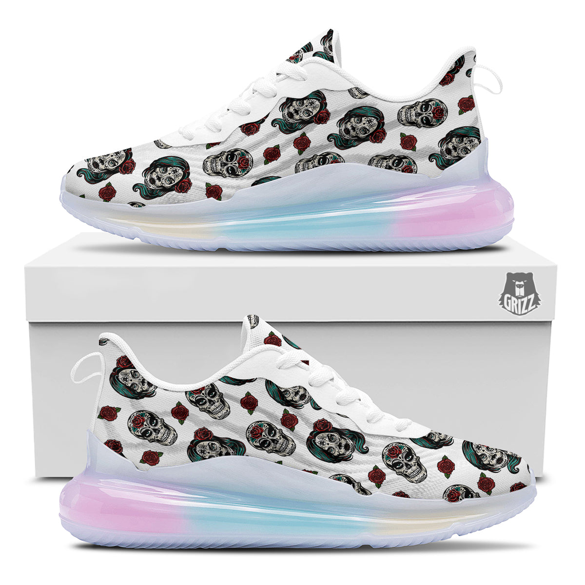 Sugar Skull White Floral Print Pattern Running Sneakers-grizzshop