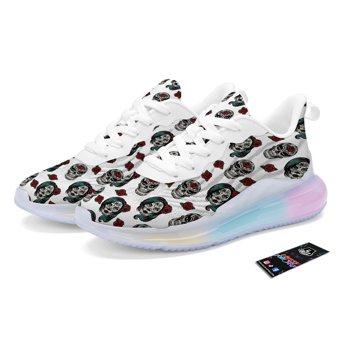 Sugar Skull White Floral Print Pattern Running Sneakers-grizzshop