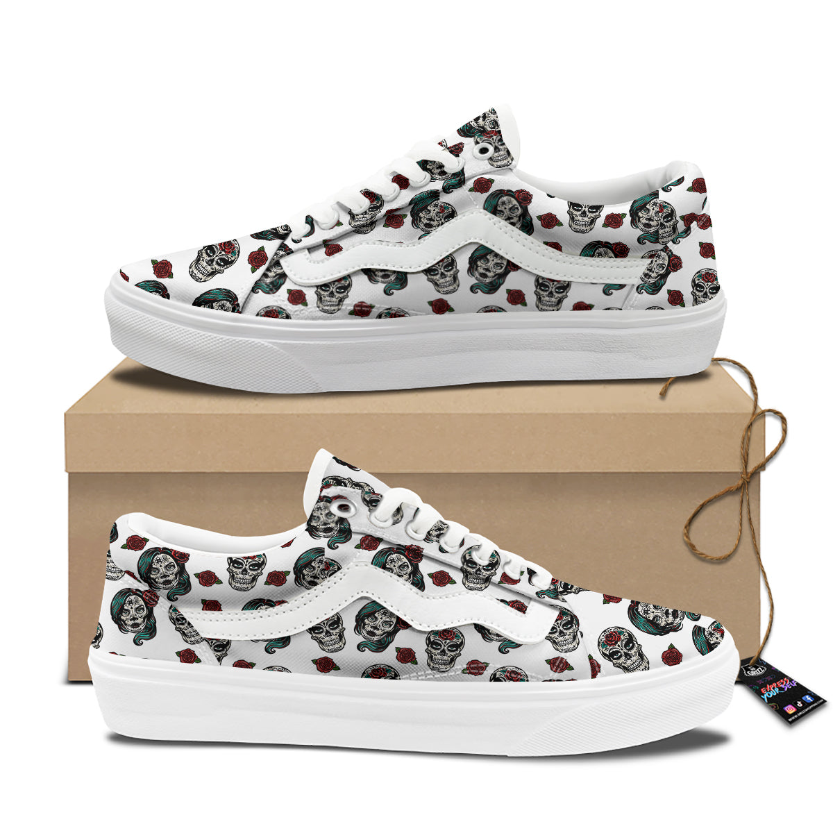 Sugar Skull White Floral Print Pattern Skate Shoes-grizzshop