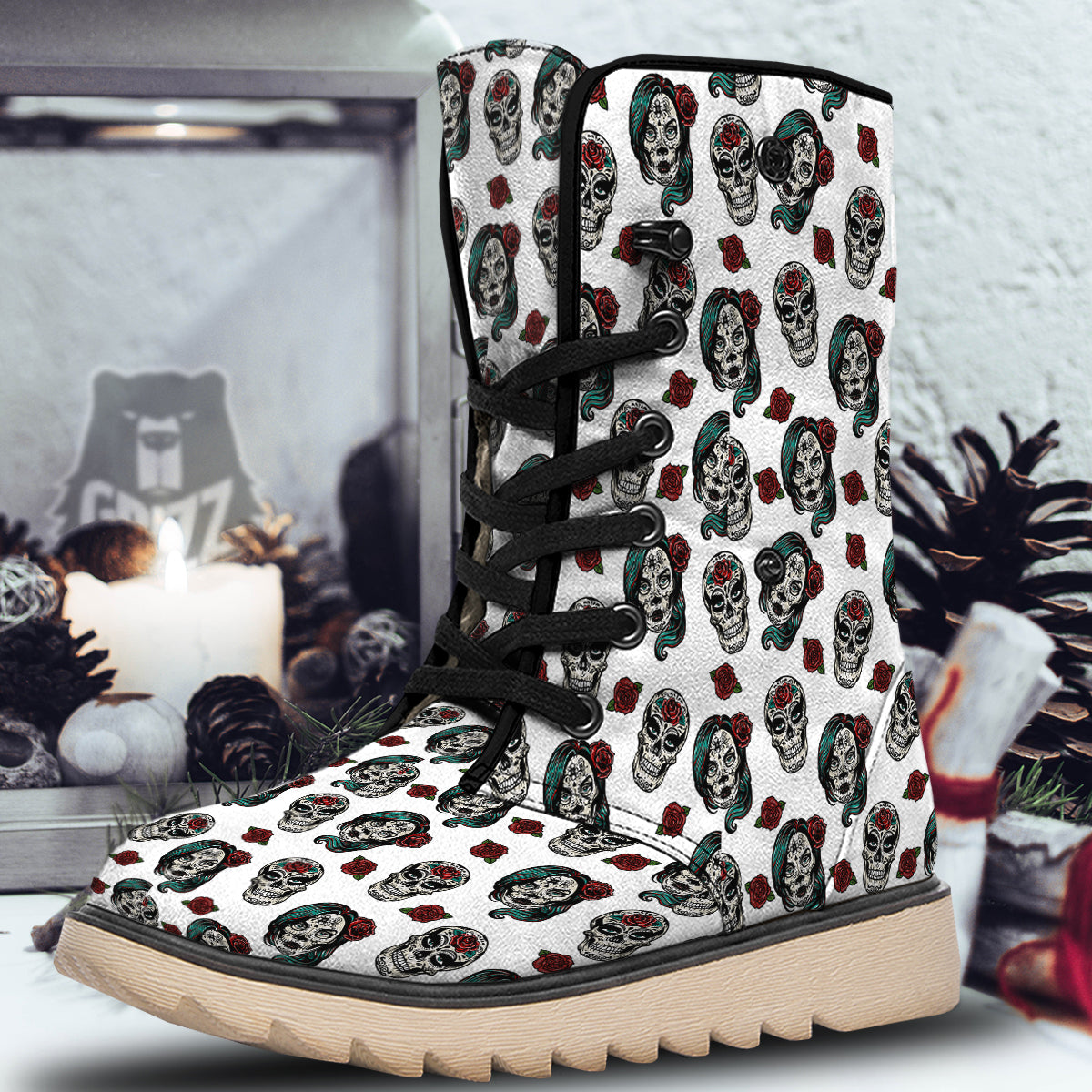 Sugar Skull White Floral Print Pattern Snow Boots-grizzshop
