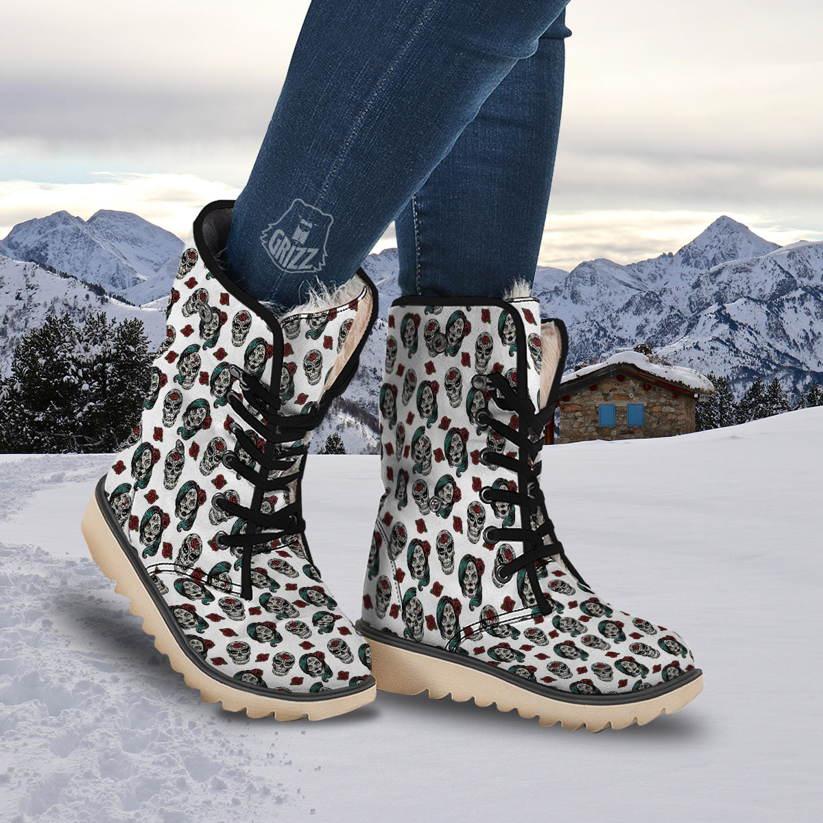 Sugar Skull White Floral Print Pattern Snow Boots-grizzshop