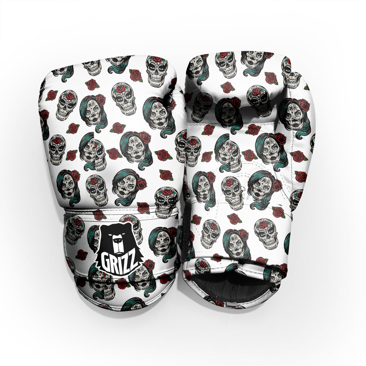 Sugar Skull White Floral Print Pattern Pro Boxing Glove