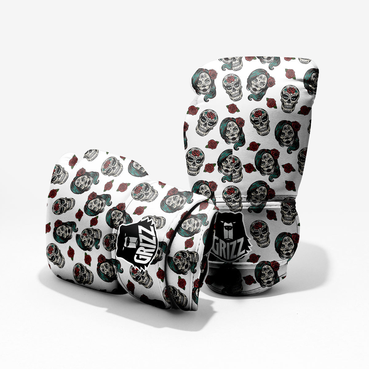 Sugar Skull White Floral Print Pattern Pro Boxing Glove