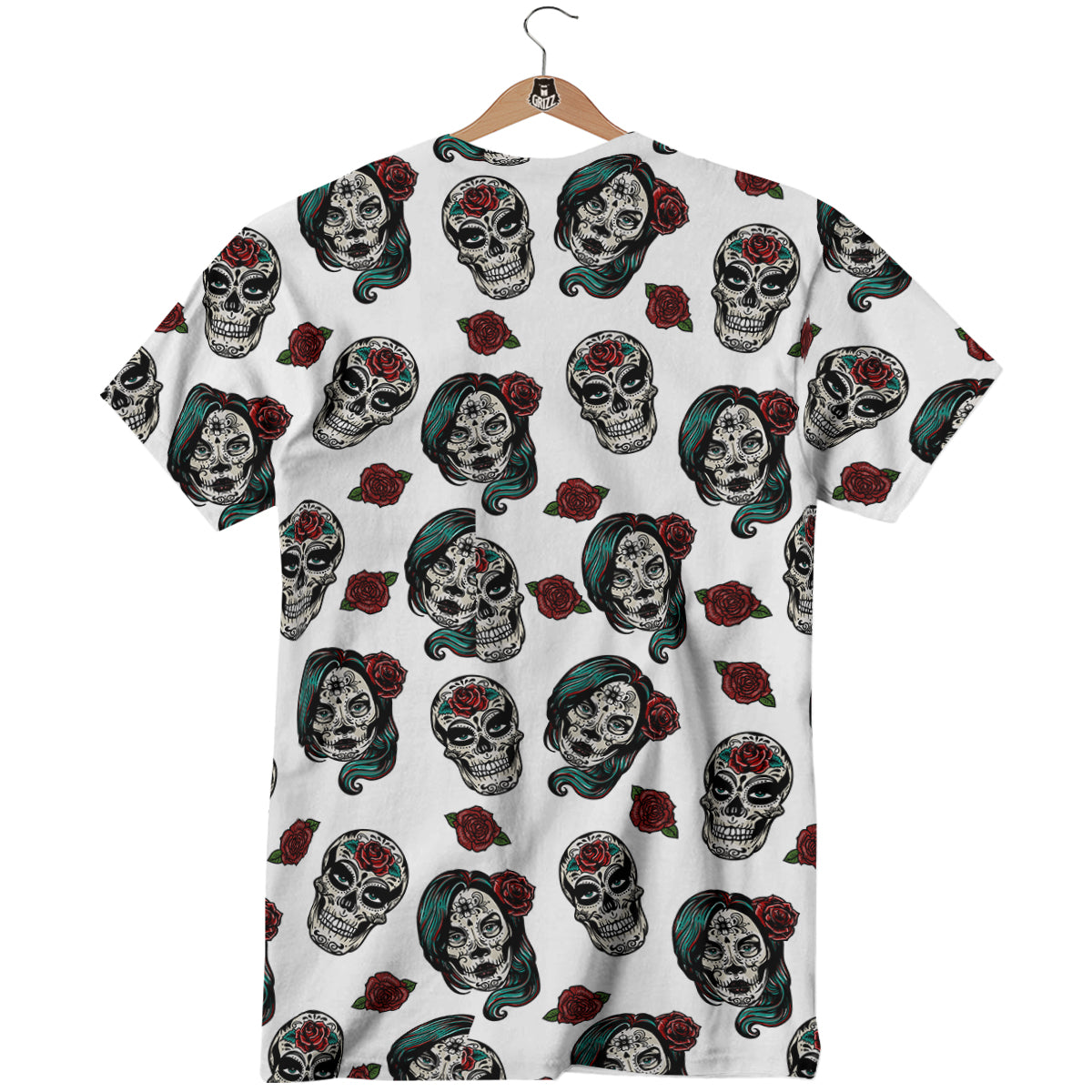 Sugar Skull White Floral Print Pattern T-Shirt-grizzshop