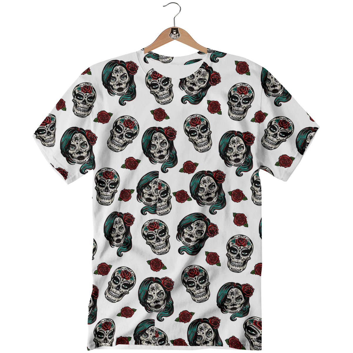 Sugar Skull White Floral Print Pattern T-Shirt-grizzshop