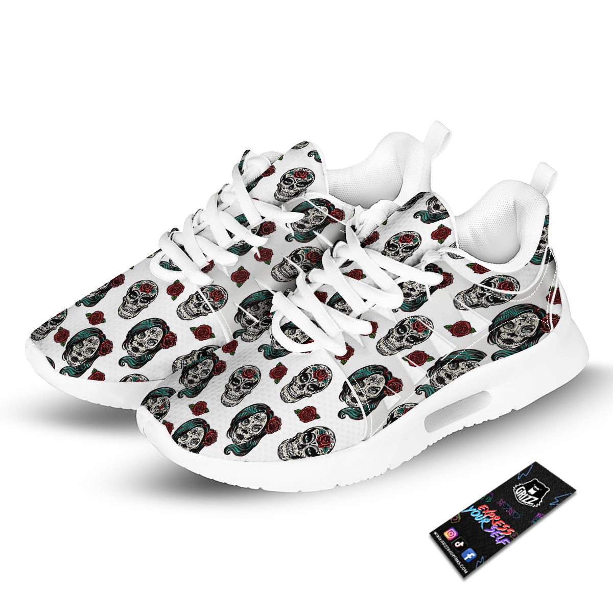 Sugar Skull White Floral Print Pattern Tennis Shoes-grizzshop