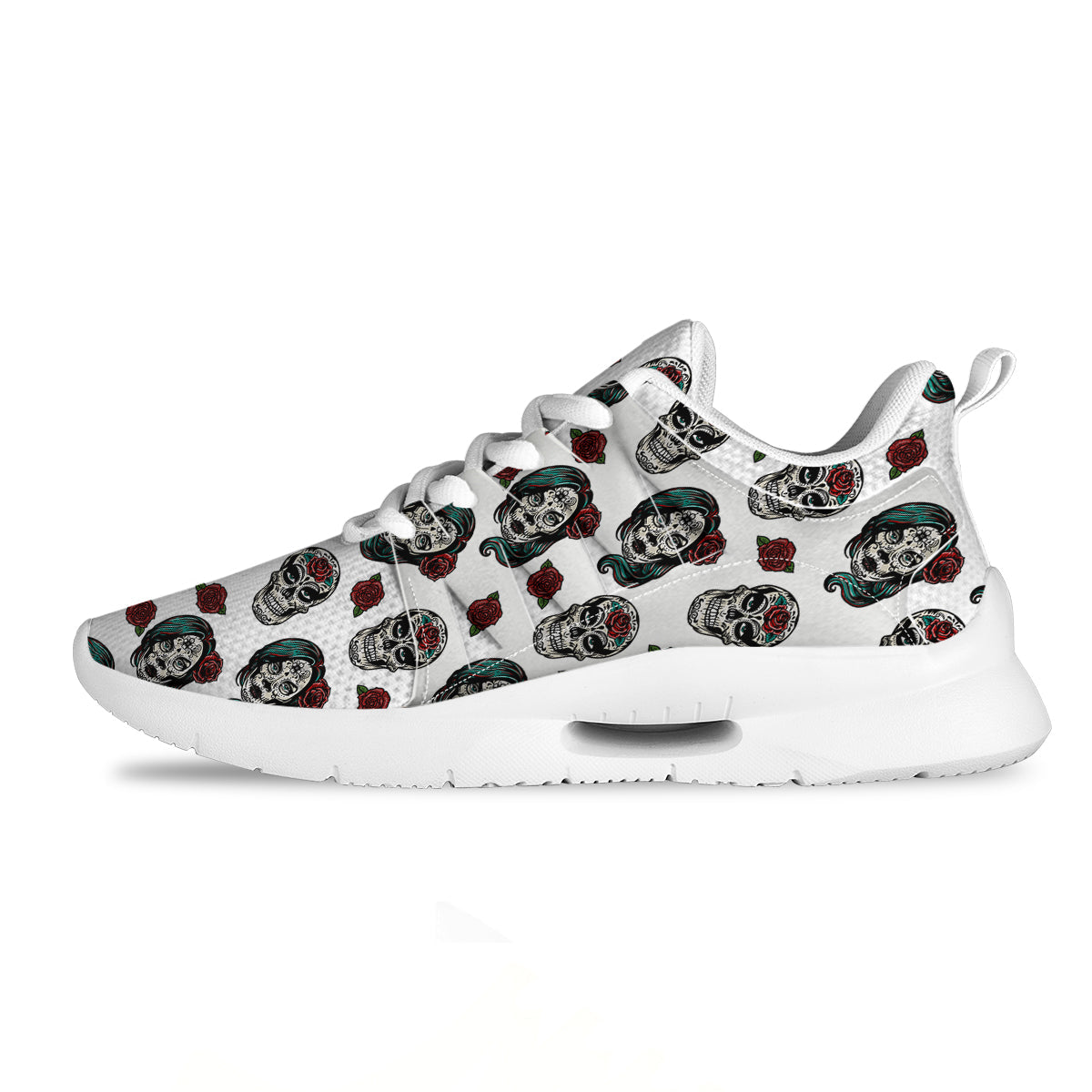 Sugar Skull White Floral Print Pattern Tennis Shoes-grizzshop
