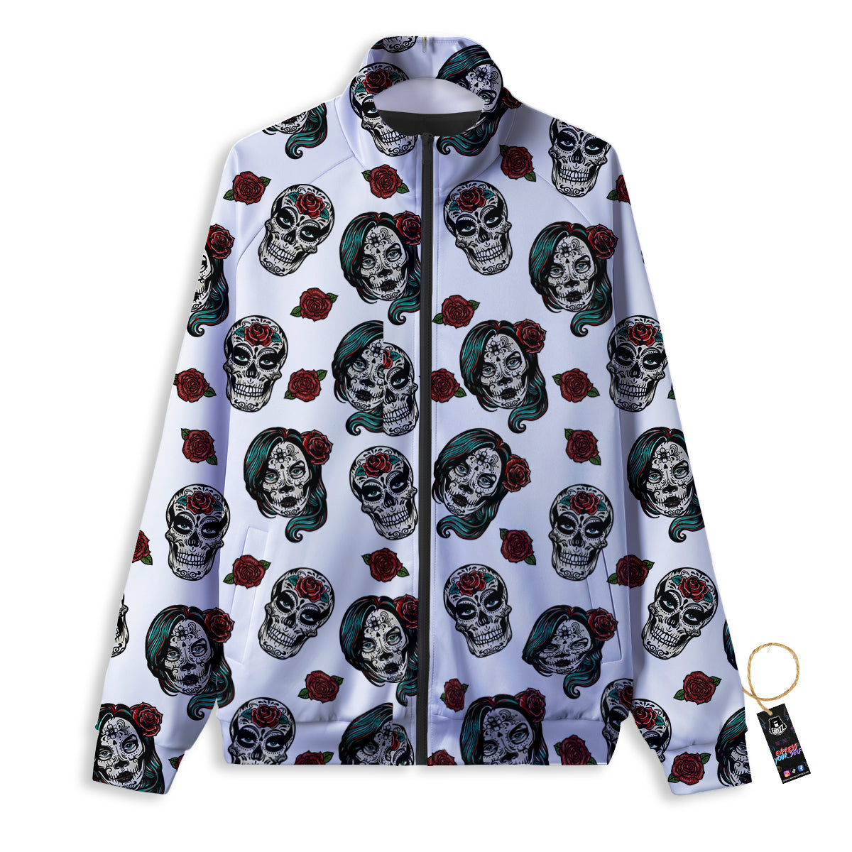 Sugar Skull White Floral Print Pattern Track Jacket-grizzshop