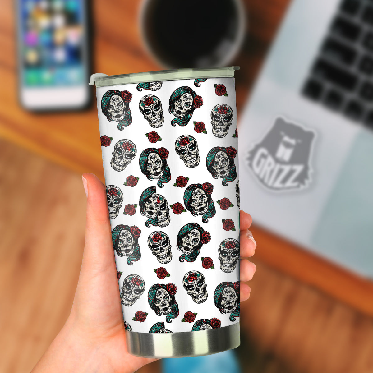 Sugar Skull White Floral Print Pattern Tumbler-grizzshop