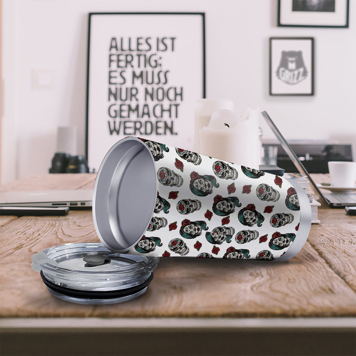 Sugar Skull White Floral Print Pattern Tumbler-grizzshop