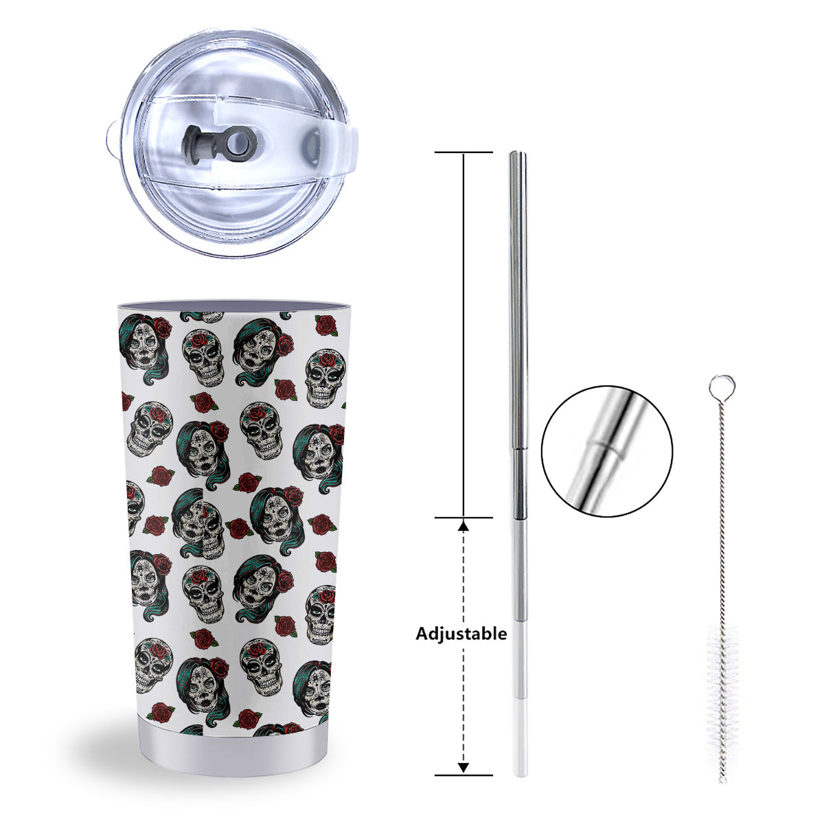 Sugar Skull White Floral Print Pattern Tumbler-grizzshop