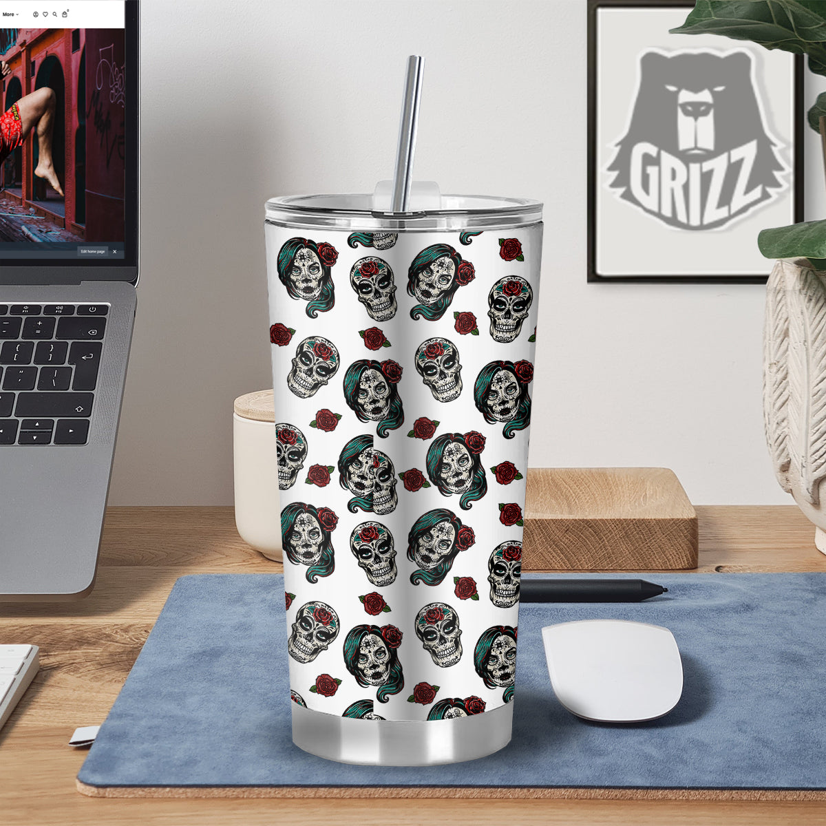 Sugar Skull White Floral Print Pattern Tumbler-grizzshop