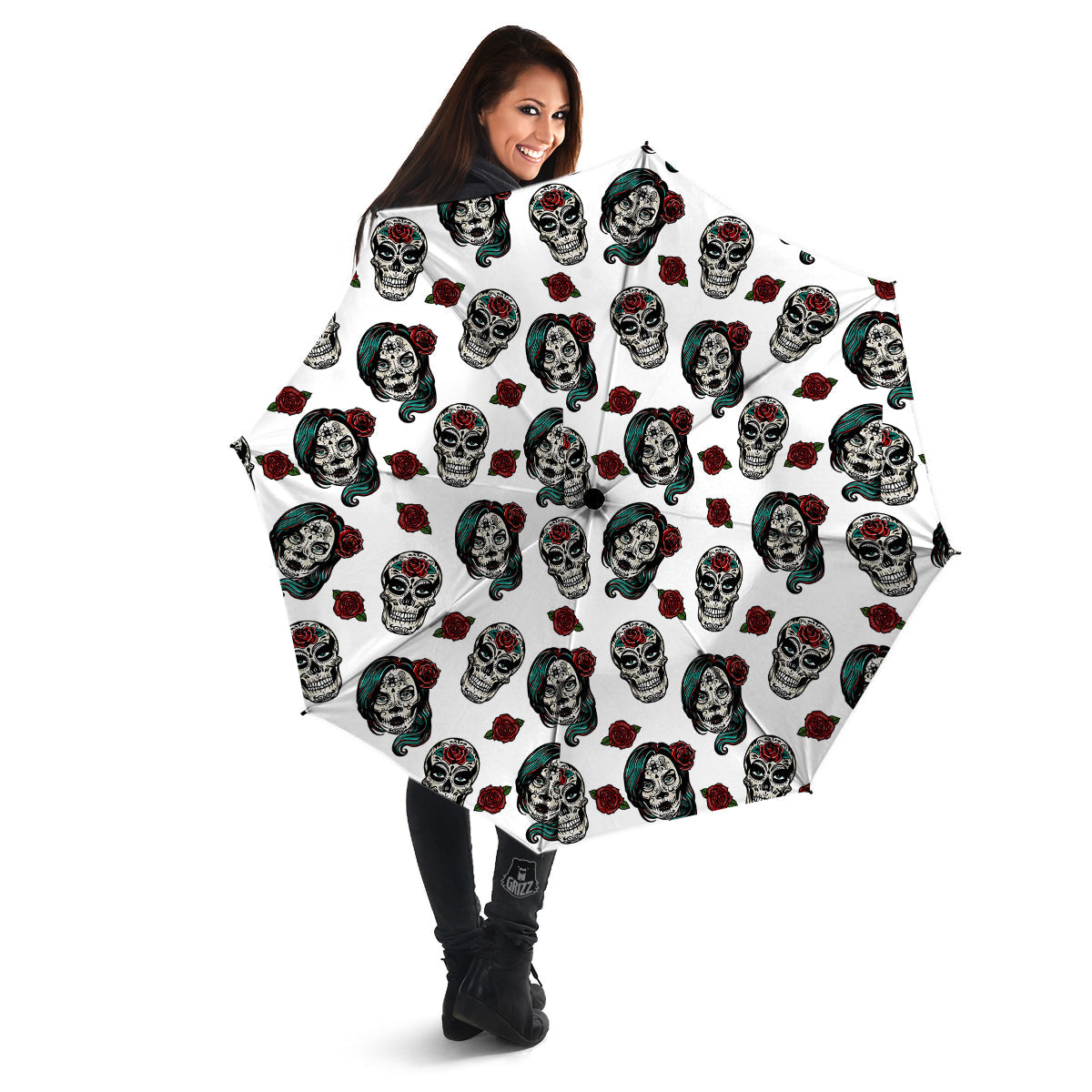 Sugar Skull White Floral Print Pattern Umbrella-grizzshop