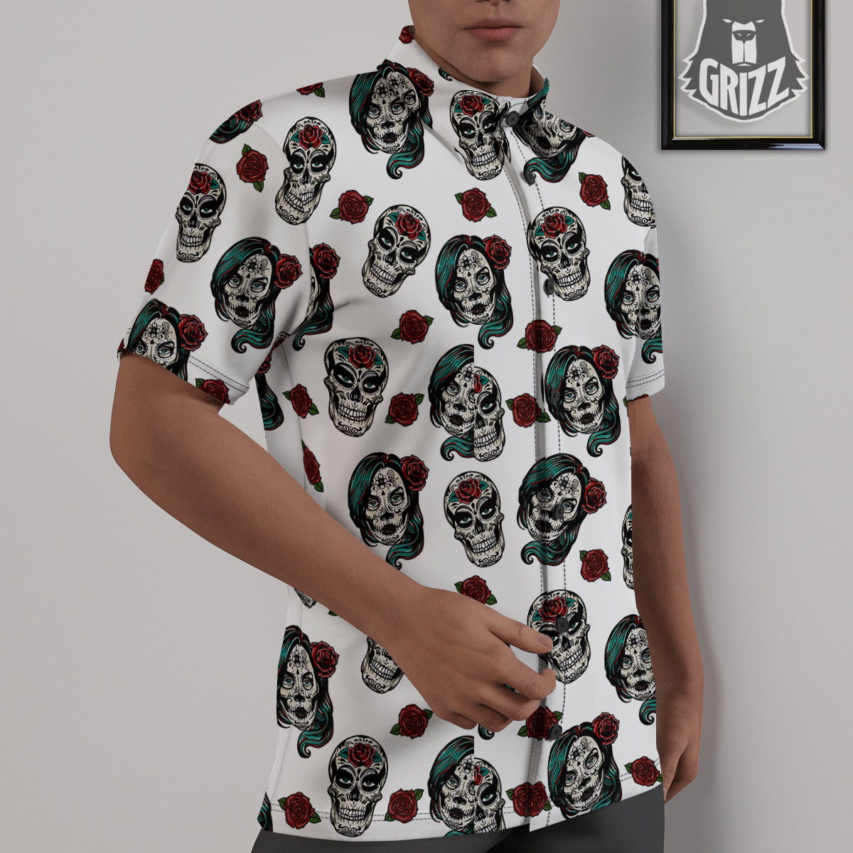 Sugar Skull White Floral Print Pattern Untucked Shirts-grizzshop