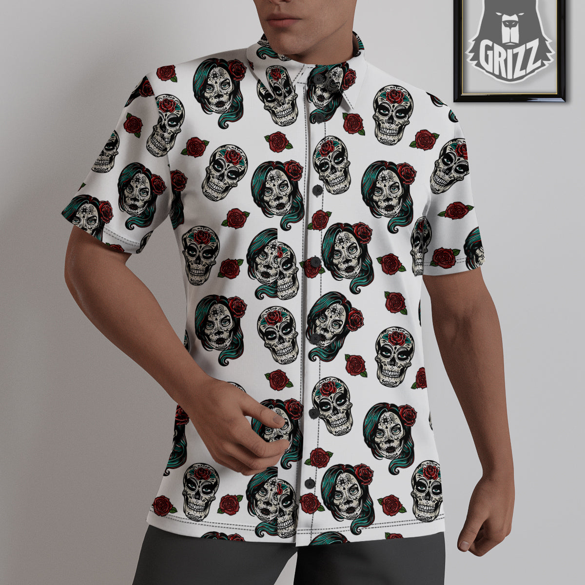Sugar Skull White Floral Print Pattern Untucked Shirts-grizzshop