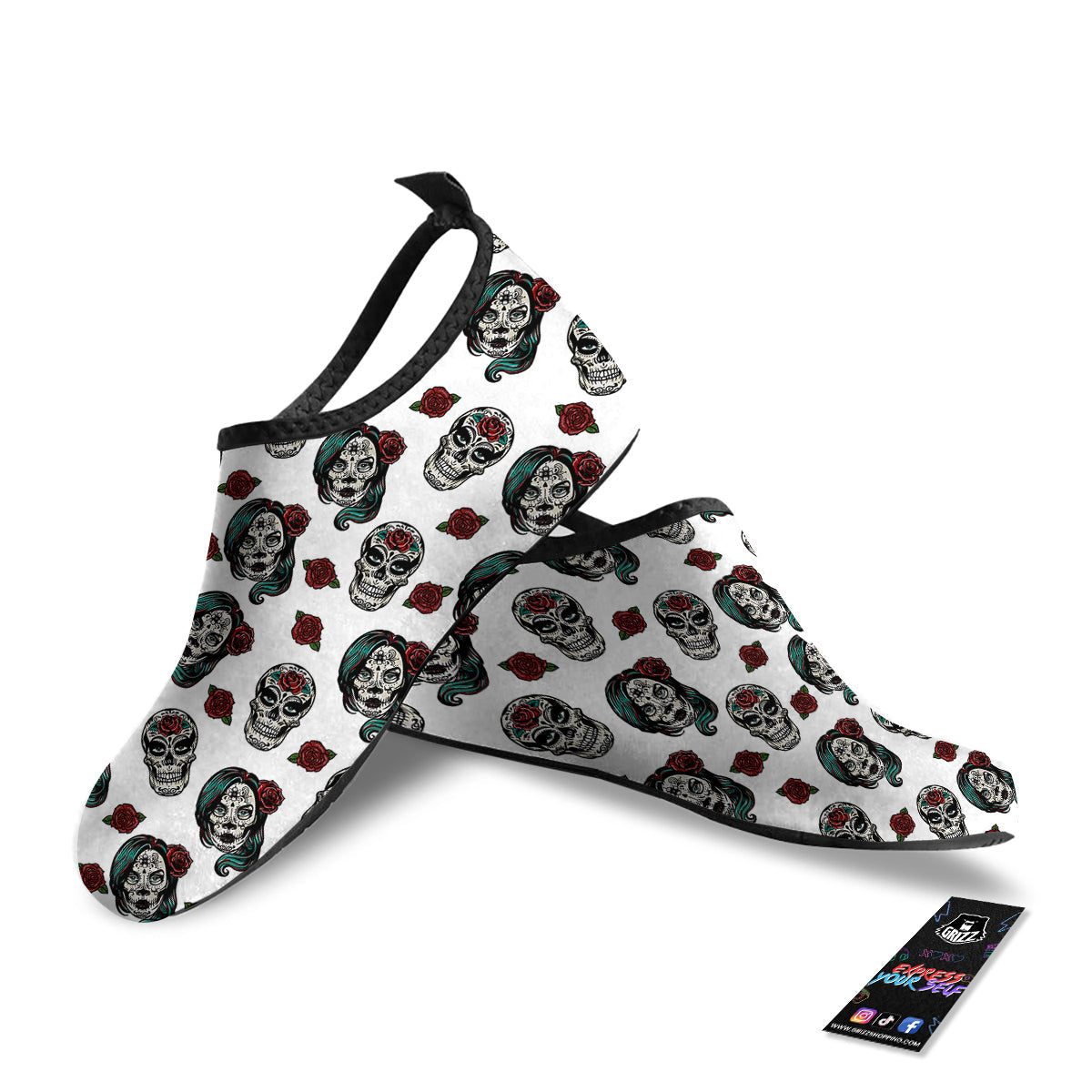 Sugar Skull White Floral Print Pattern Water Shoes-grizzshop