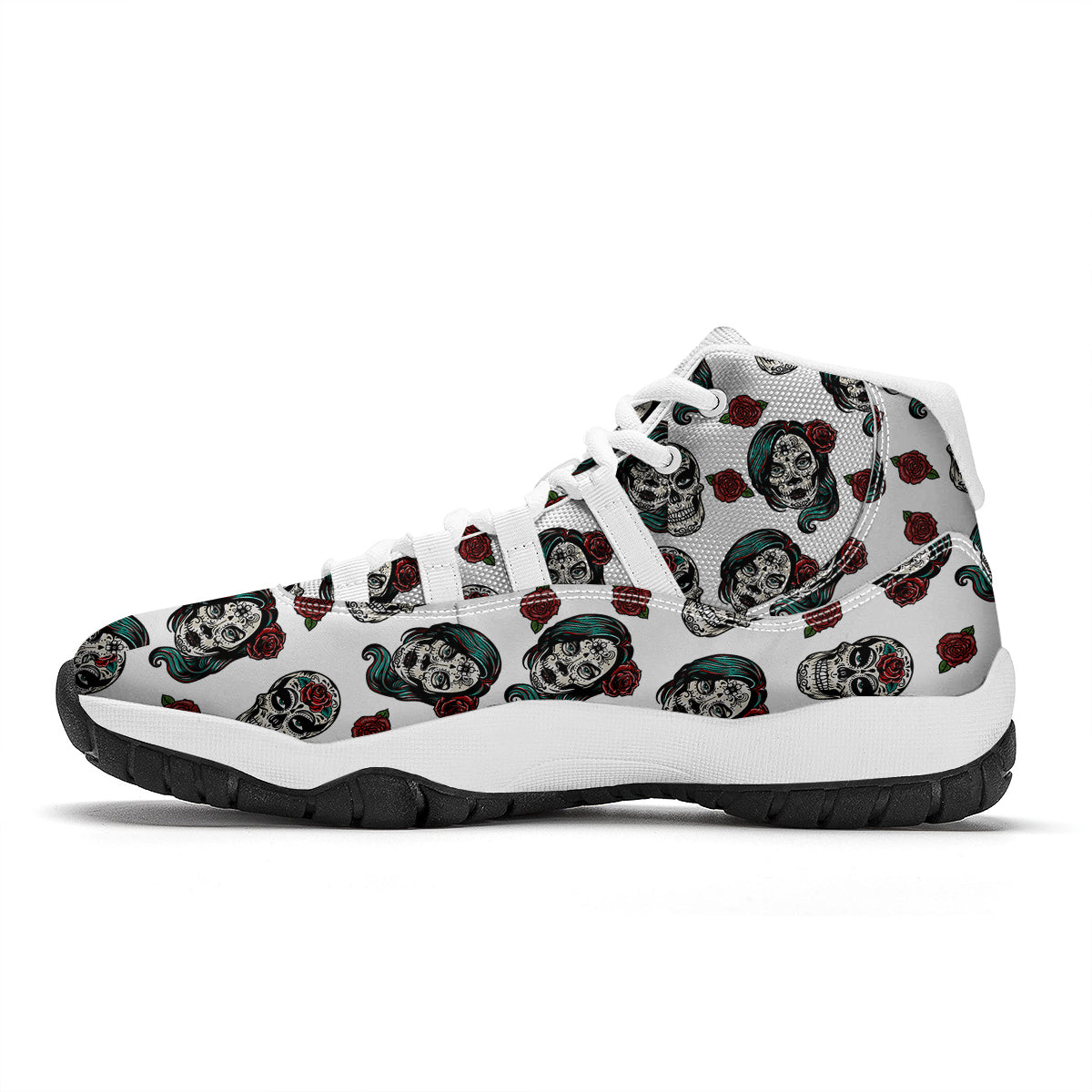 Sugar Skull White Floral Print Pattern White Bball Shoes-grizzshop