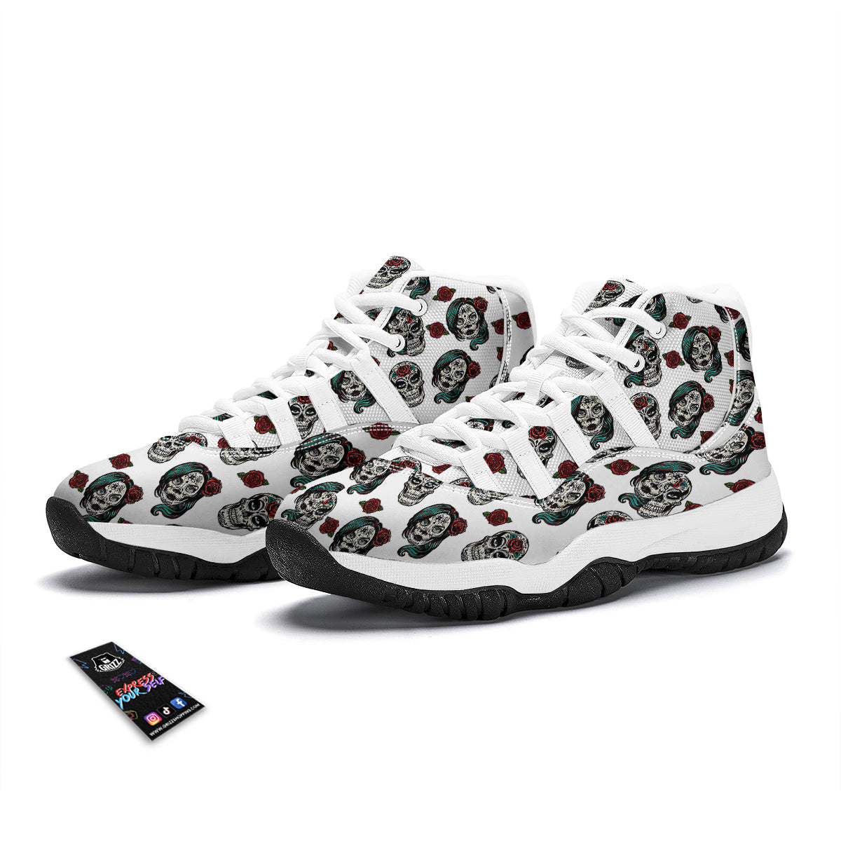 Sugar Skull White Floral Print Pattern White Bball Shoes-grizzshop