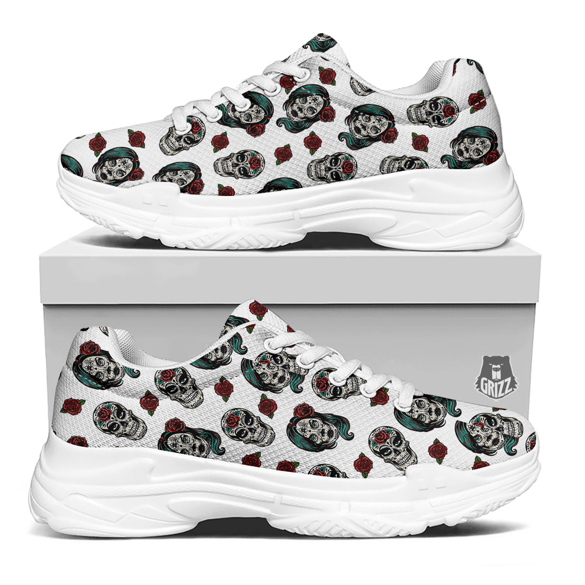 Sugar Skull White Floral Print Pattern White Chunky Shoes-grizzshop