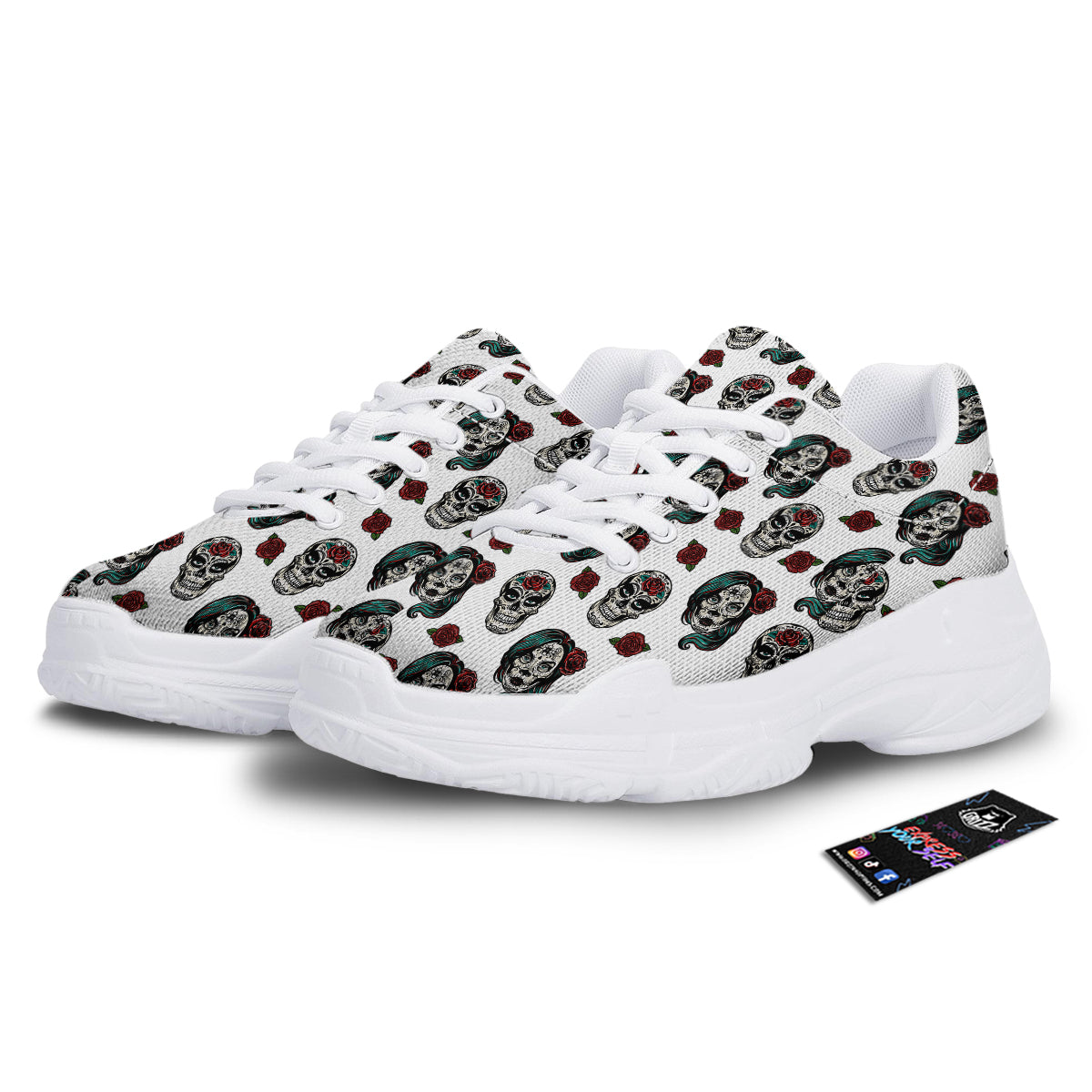 Sugar Skull White Floral Print Pattern White Chunky Shoes-grizzshop