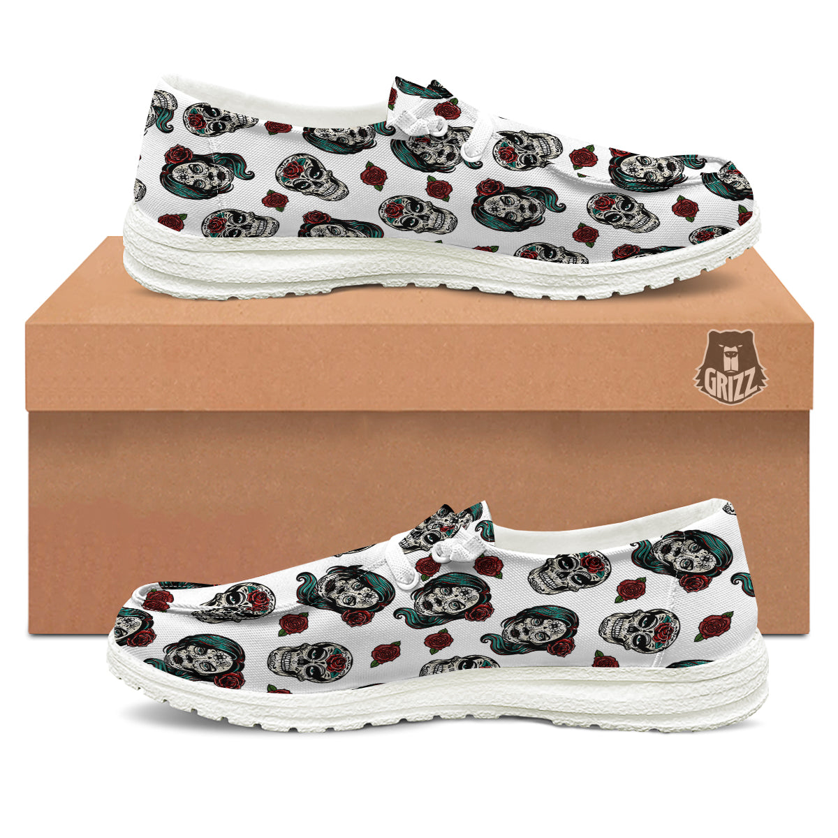 Sugar Skull White Floral Print Pattern White Loafers-grizzshop