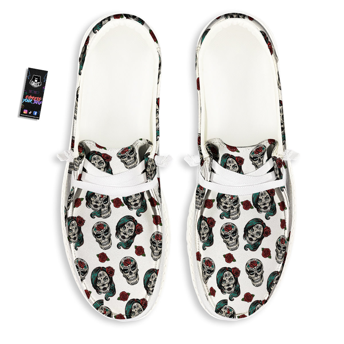Sugar Skull White Floral Print Pattern White Loafers-grizzshop