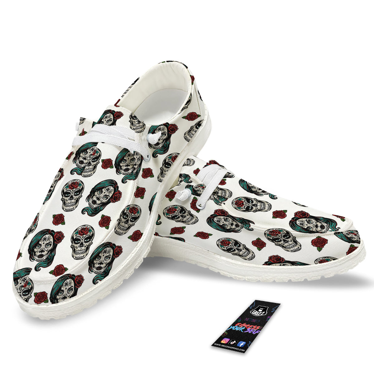 Sugar Skull White Floral Print Pattern White Loafers-grizzshop