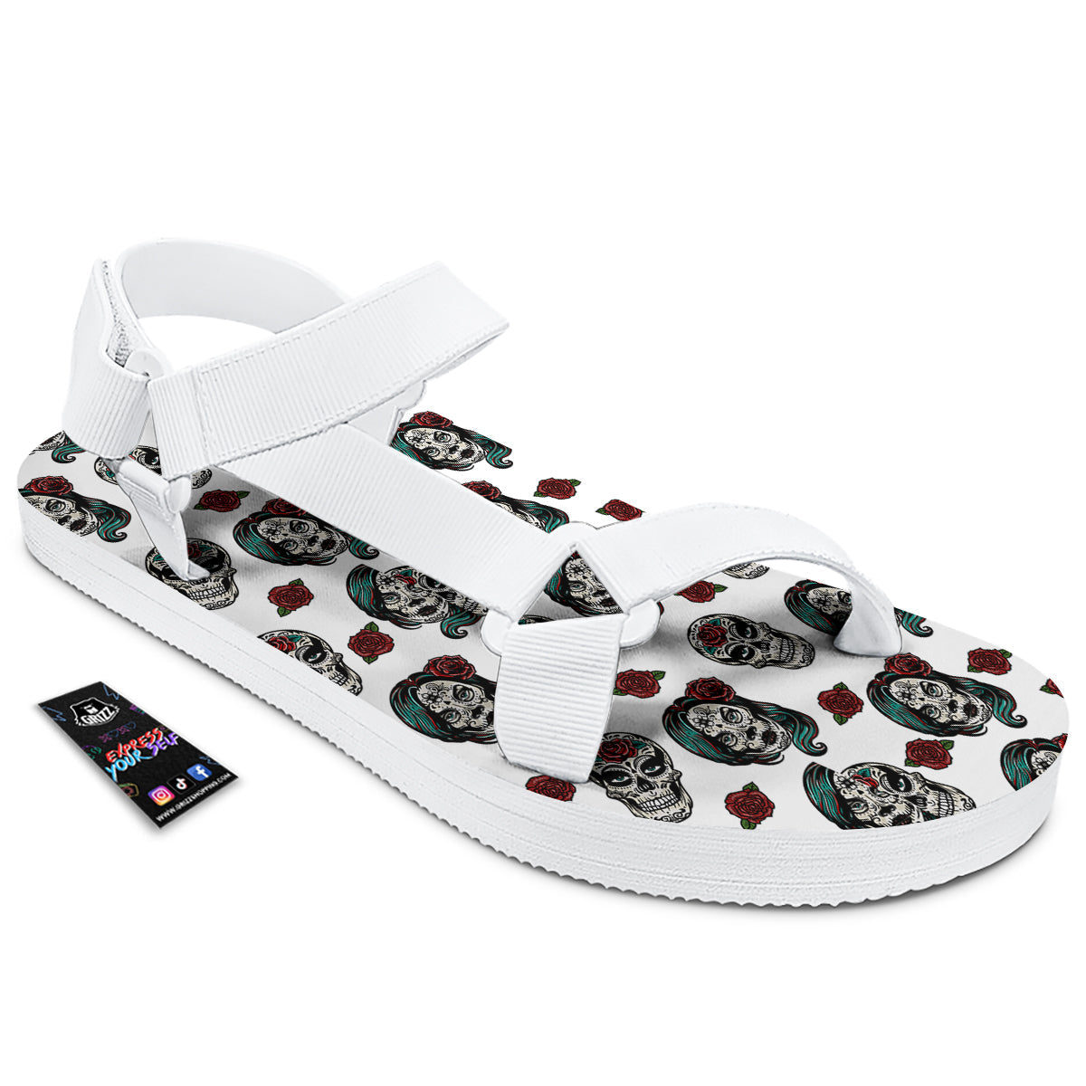 Sugar Skull White Floral Print Pattern White Open Toe Sandals-grizzshop