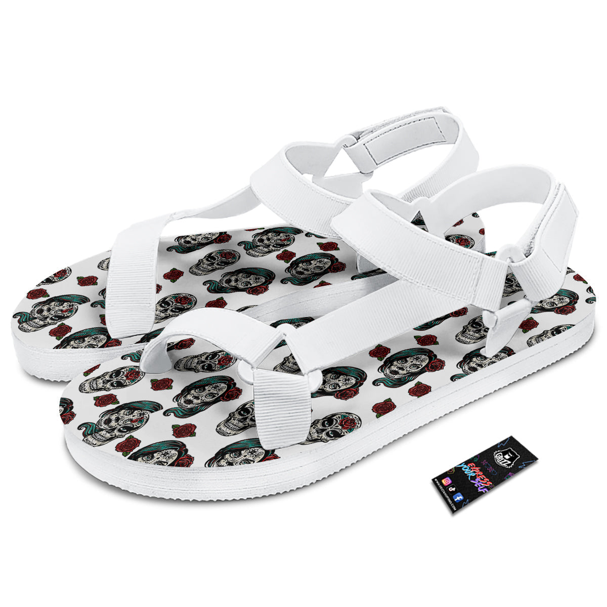 Sugar Skull White Floral Print Pattern White Open Toe Sandals-grizzshop