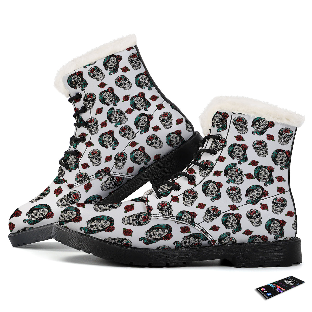 Sugar Skull White Floral Print Pattern Winter Boots-grizzshop