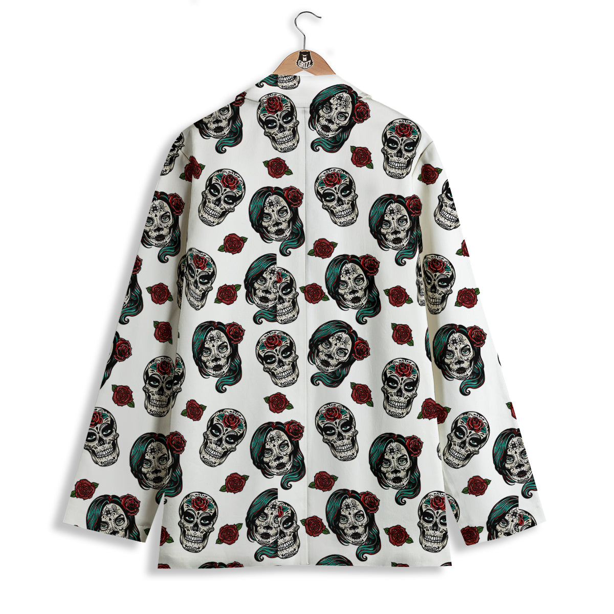 Sugar Skull White Floral Print Pattern Women's Blazer-grizzshop