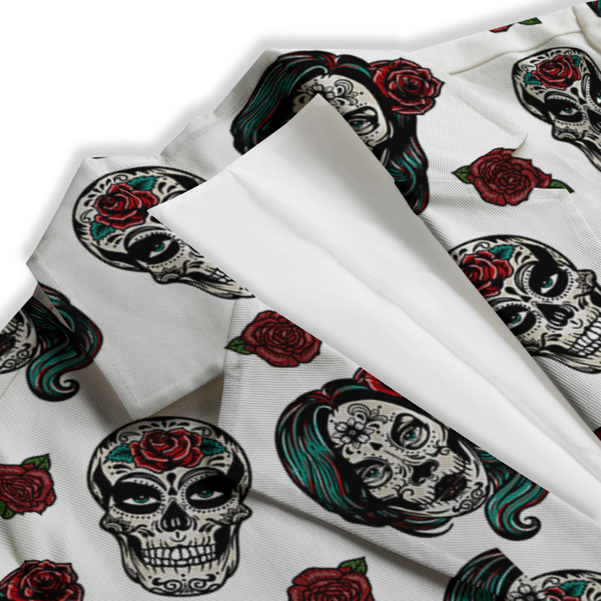Sugar Skull White Floral Print Pattern Women's Blazer-grizzshop
