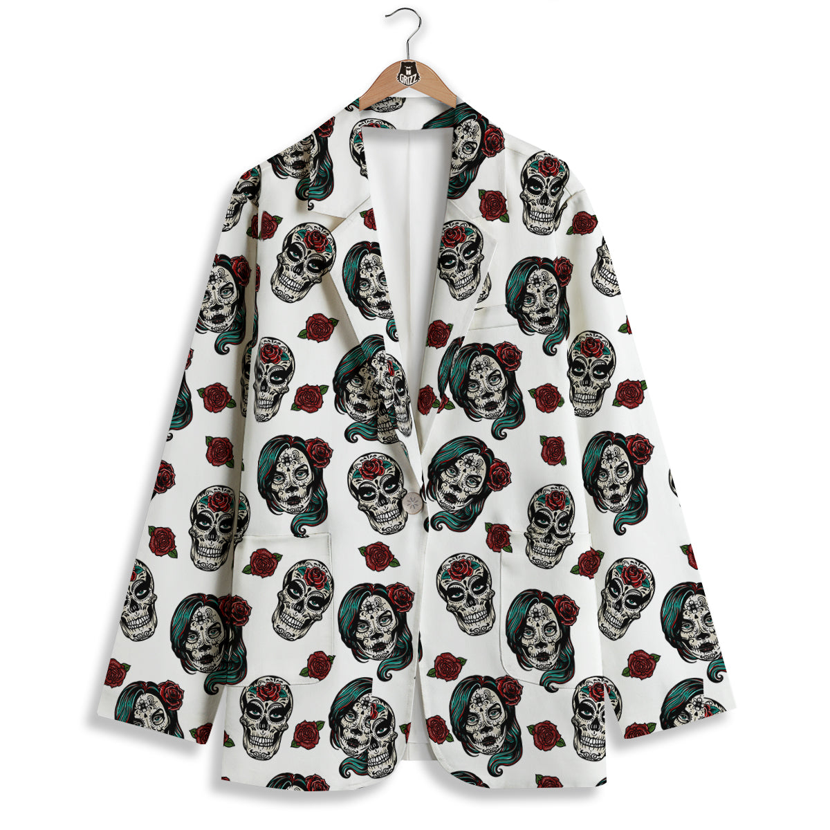 Sugar Skull White Floral Print Pattern Women's Blazer-grizzshop