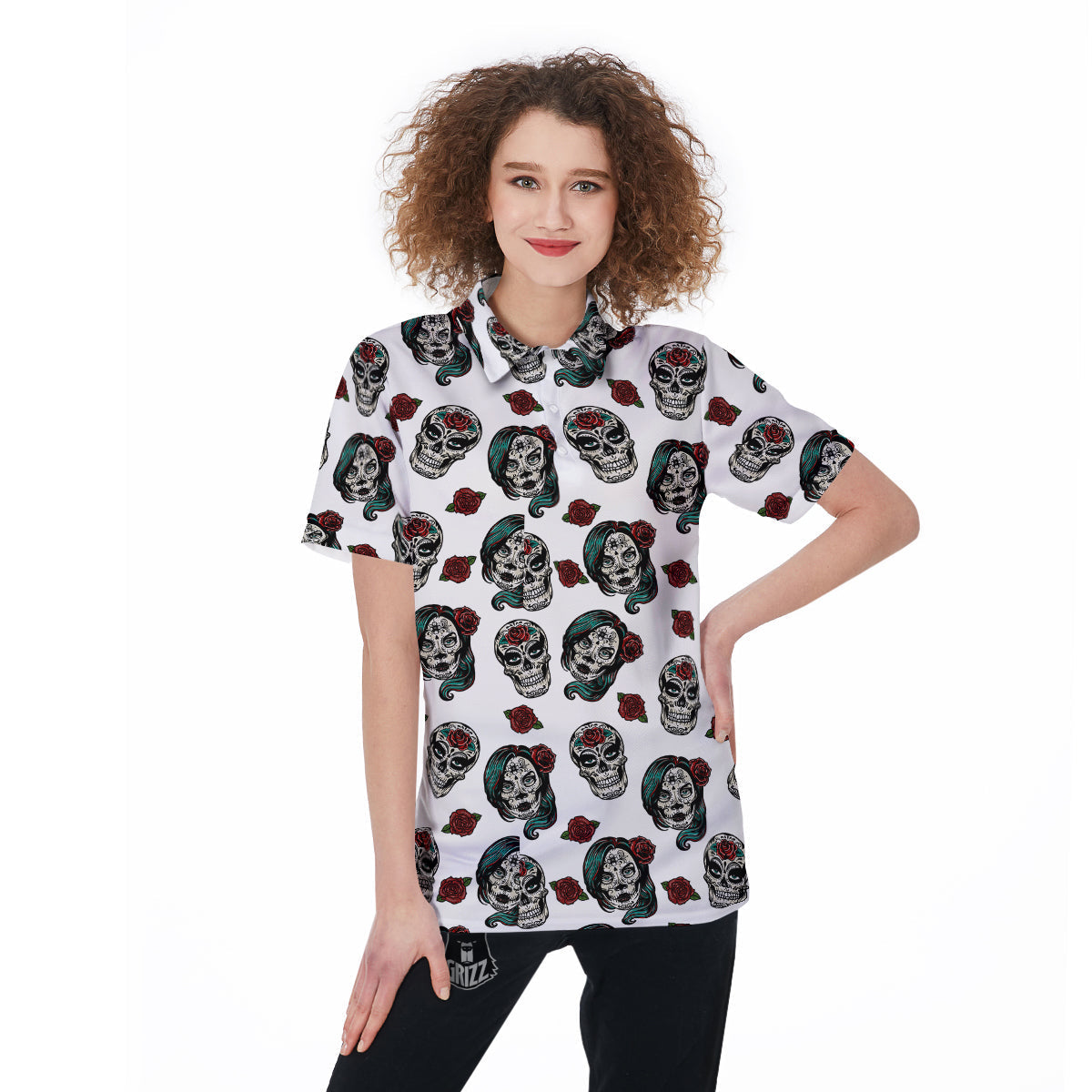 Sugar Skull White Floral Print Pattern Women's Golf Shirts-grizzshop