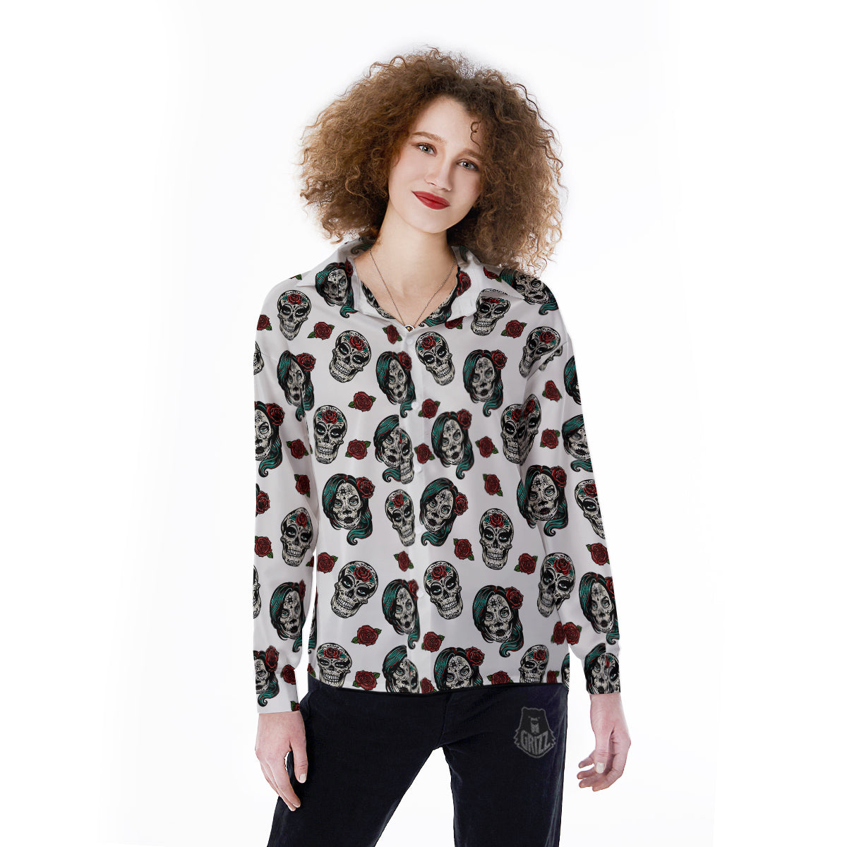 Sugar Skull White Floral Print Pattern Women's Long Sleeve Shirts-grizzshop