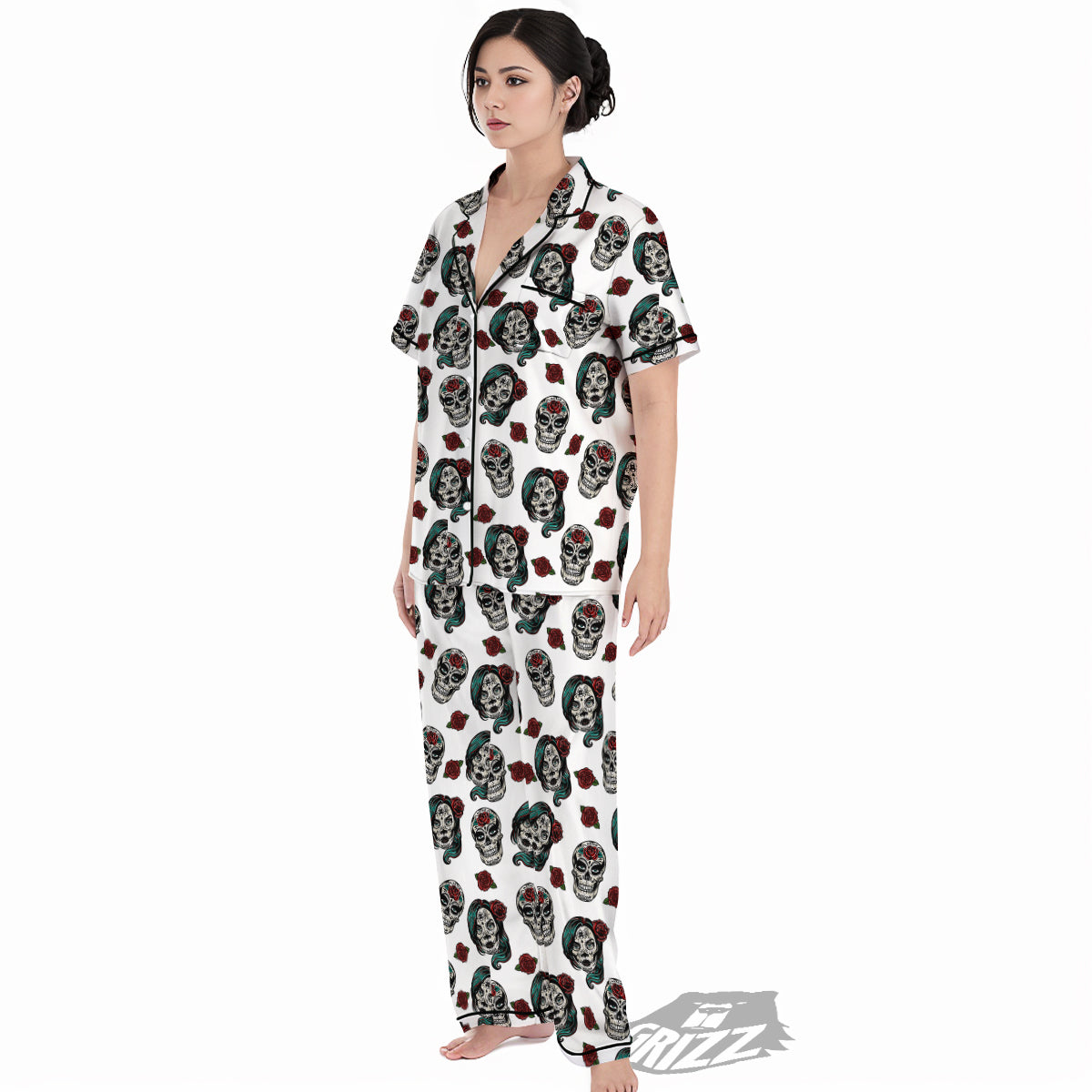 Sugar Skull White Floral Print Pattern Women's Pajamas Set-grizzshop