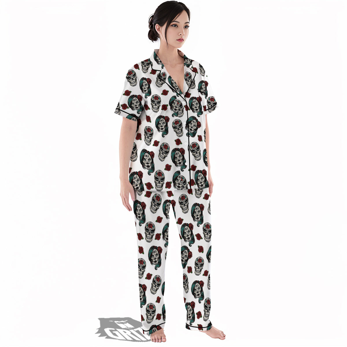 Sugar Skull White Floral Print Pattern Women's Pajamas Set-grizzshop