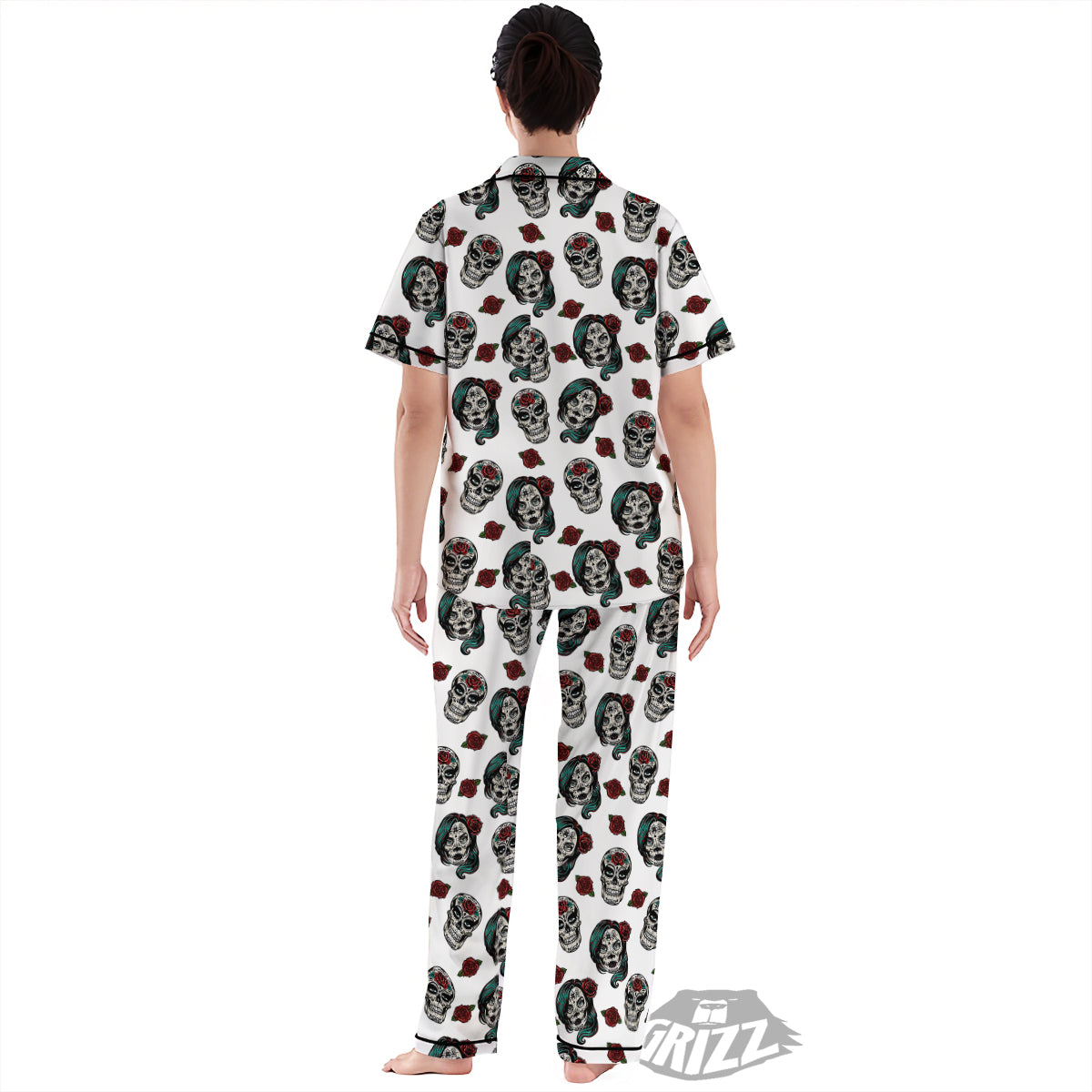 Sugar Skull White Floral Print Pattern Women's Pajamas Set-grizzshop