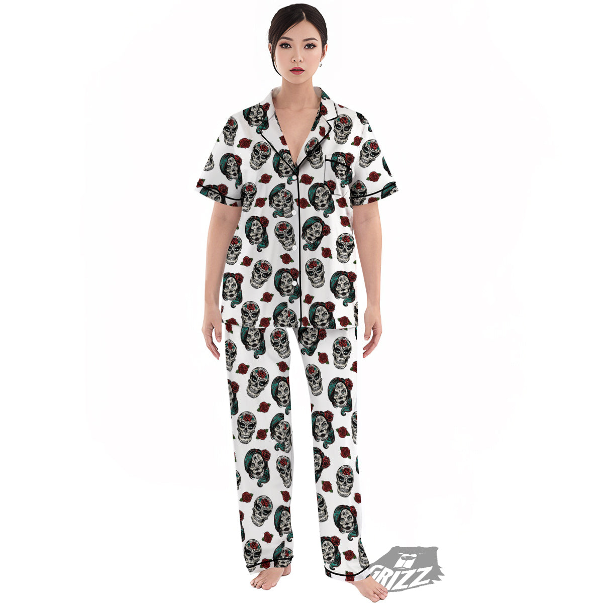 Sugar Skull White Floral Print Pattern Women's Pajamas Set-grizzshop