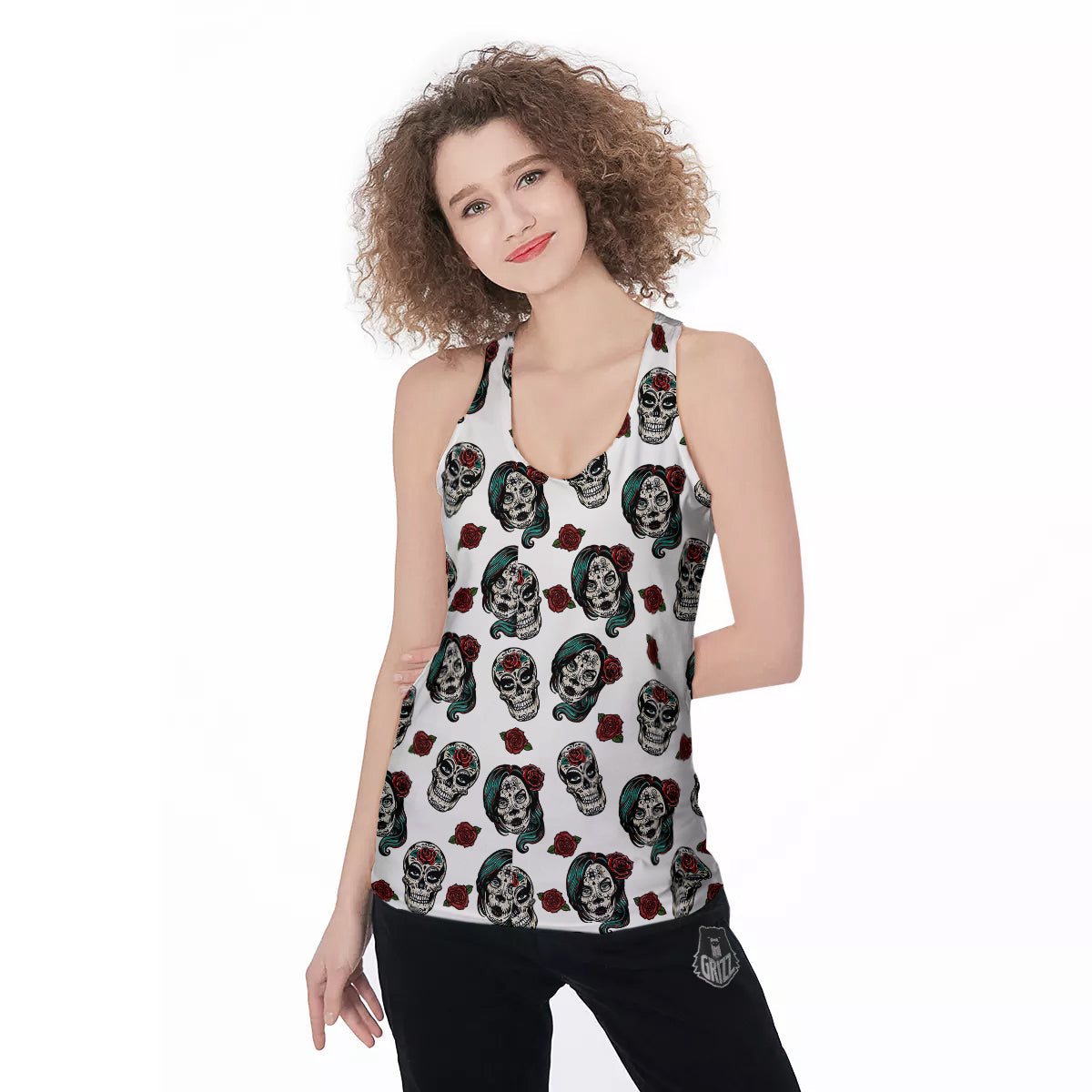 Sugar Skull White Floral Print Pattern Women's Racerback Tank Top-grizzshop