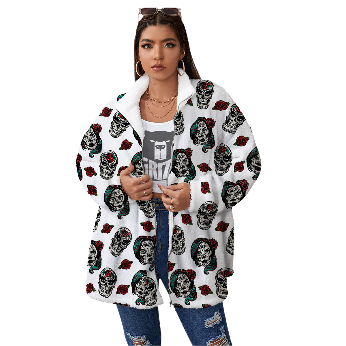 Sugar Skull White Floral Print Pattern Women's Sherpa Jacket-grizzshop
