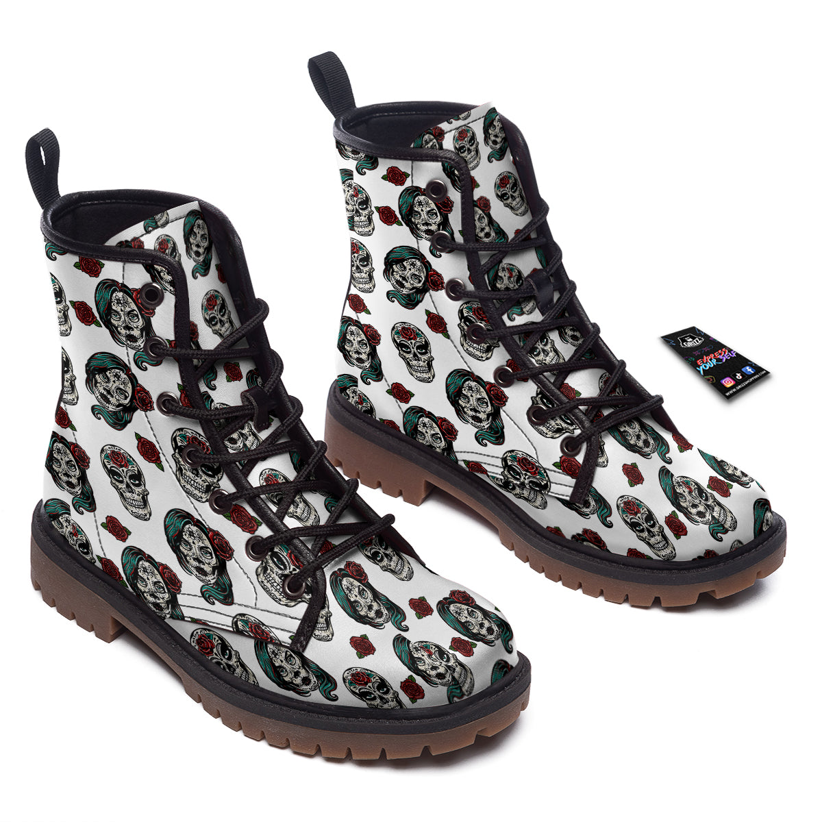 Sugar Skull White Floral Print Pattern Work Boots-grizzshop