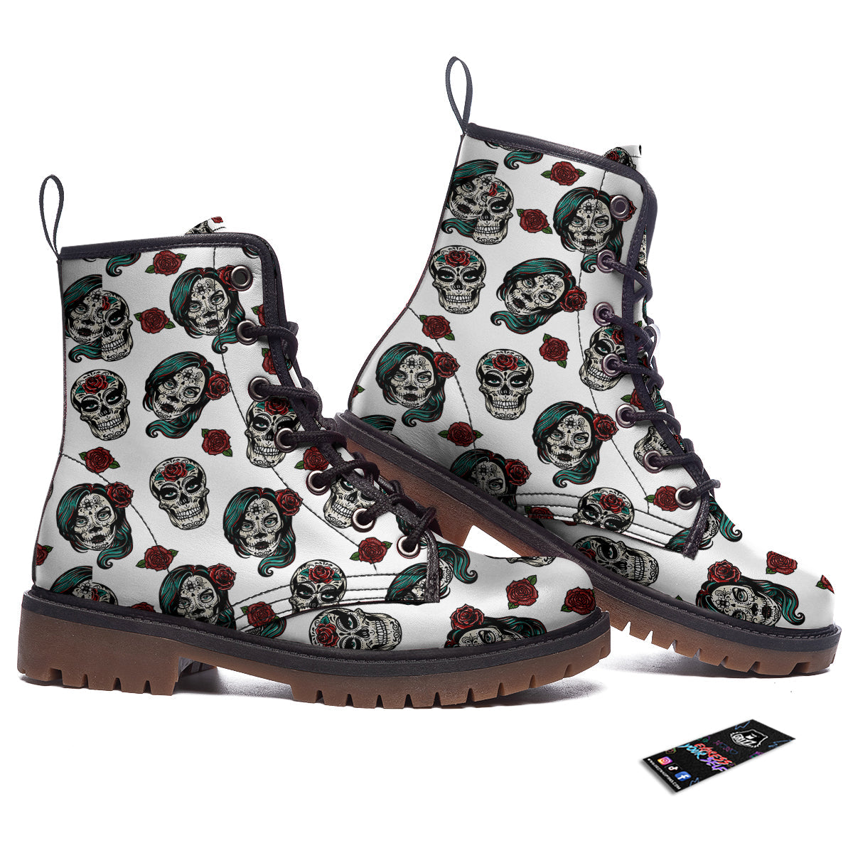 Sugar Skull White Floral Print Pattern Work Boots-grizzshop